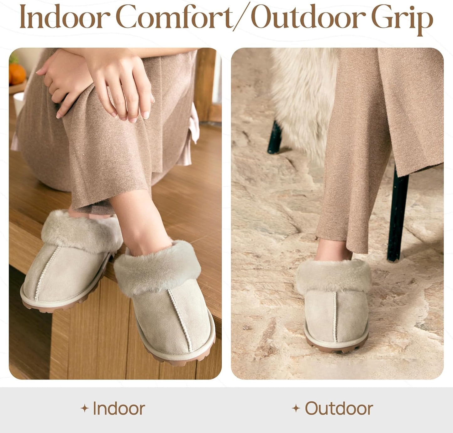 Genuine Australian Sheepskin Women Slippers, Water-Resistant Warm and Fluffy Outdoor House Slippers for Women